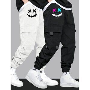 SHEIN 2pcs Teen Boys' Smiling‎ Face Print Pocket Workwear Jogger Pants - Size 13
